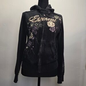 Element Womens Hoodie Medium Black Floral Graphic Zip Up Skatewear Y2K distress